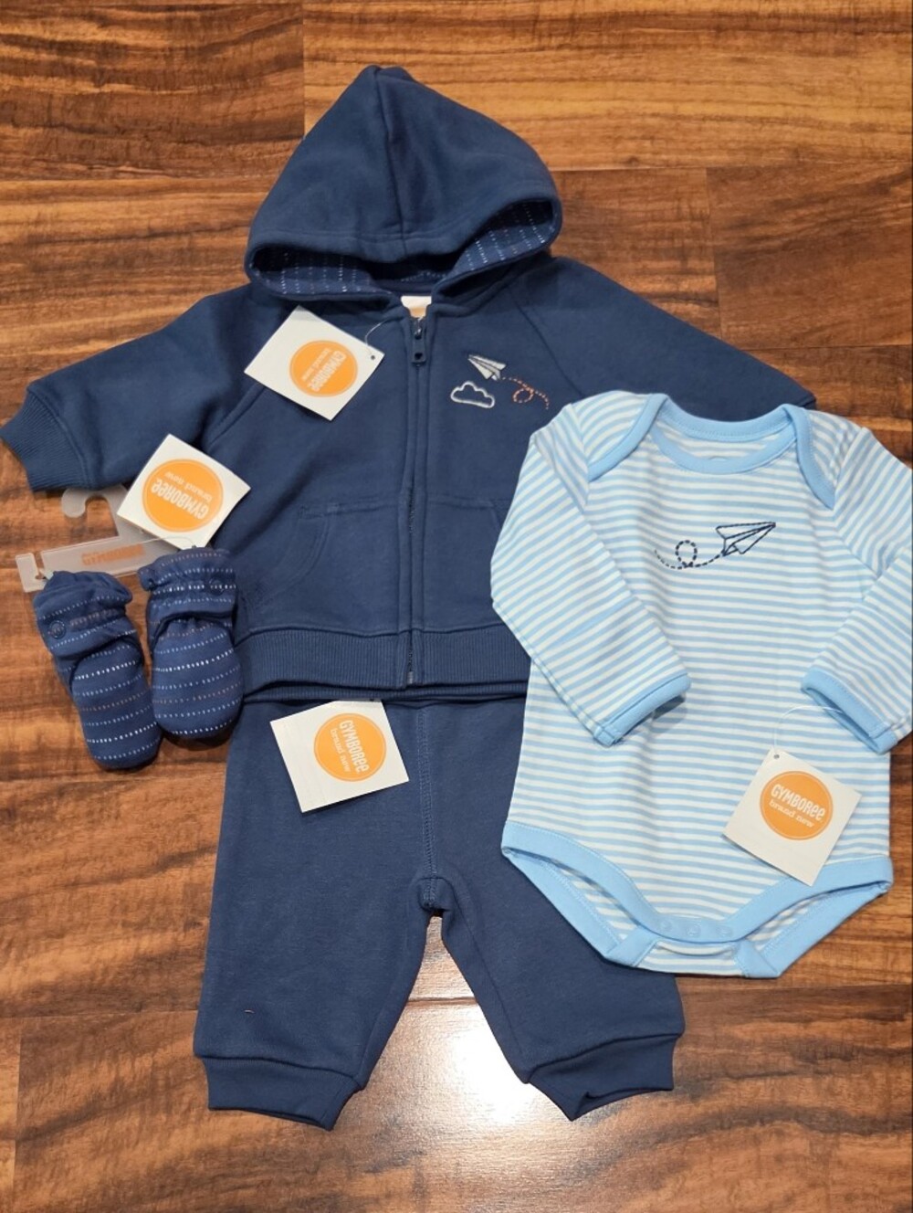 Gymboree NWT 0-3 Month Blue Hooded Sweatshirt, Pants, Striped Bodysuit & Booties